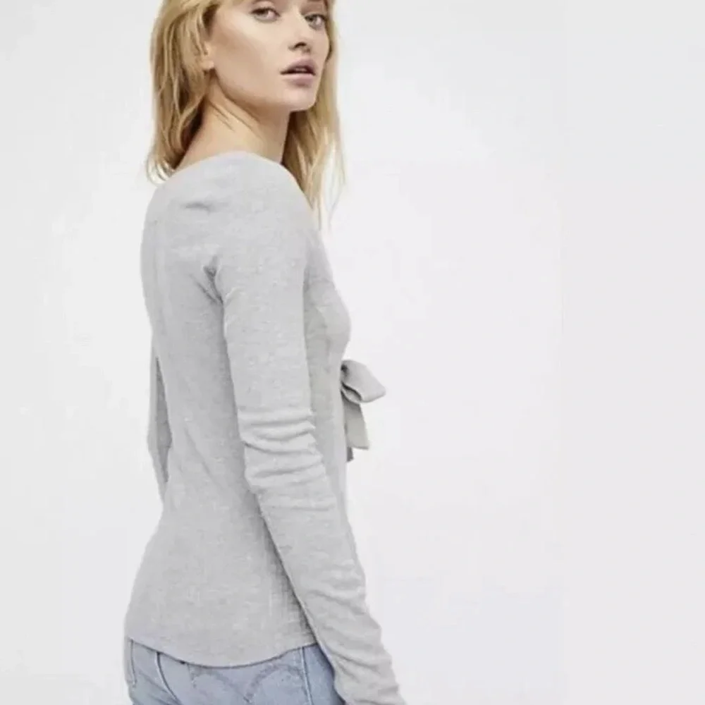 Free People Light Gray Lace-Up Long Sleeve Top